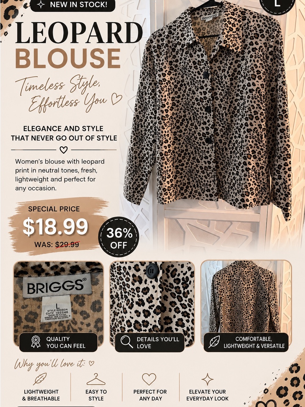 Briggs New York Leopard Print Button-Front Blouse in Beige and Black